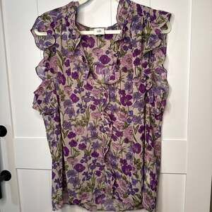 Cabi Purple Floral Ruffle Front Sleeveless Blouse, Size L